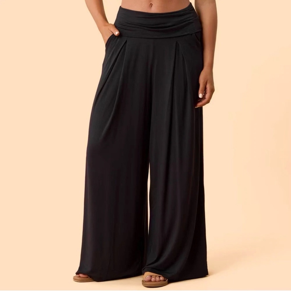 Blogilates Women's Homebody Foldover Wide Leg Pants - Black, 1X